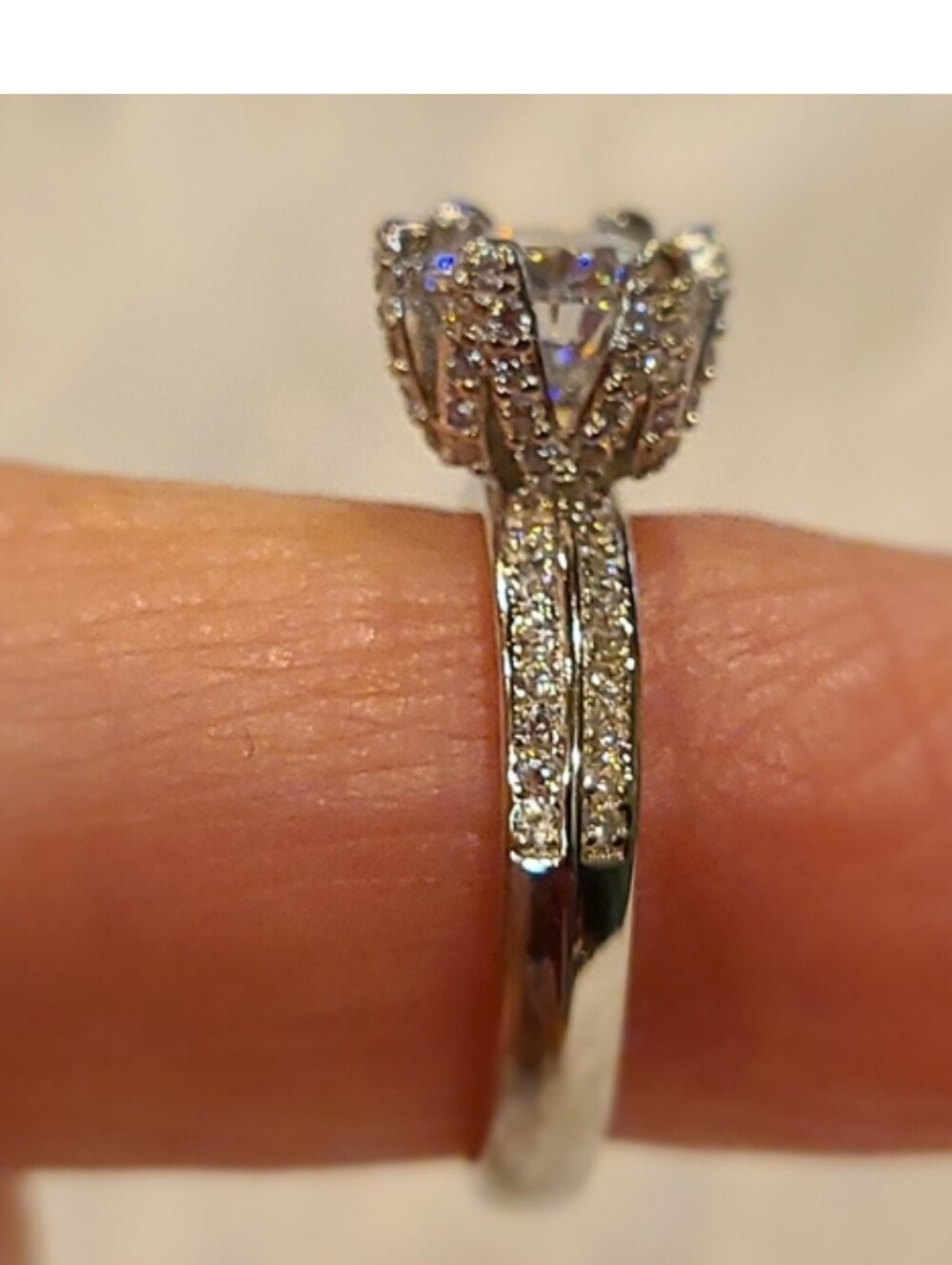 Moissanite Sterling Silver Ring with Embellished Crown